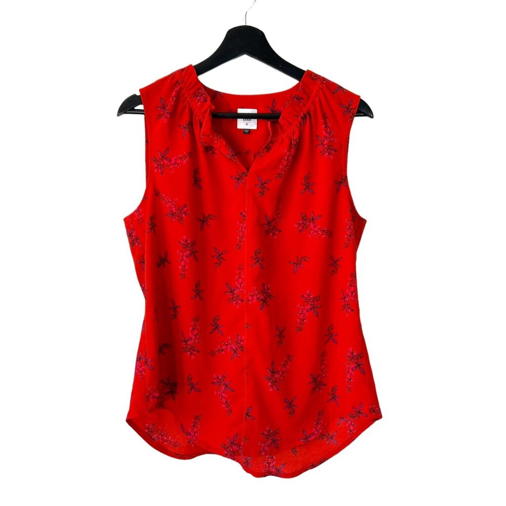 CAbi Red Floral Print Sleeveless Notched Silk Top Medium